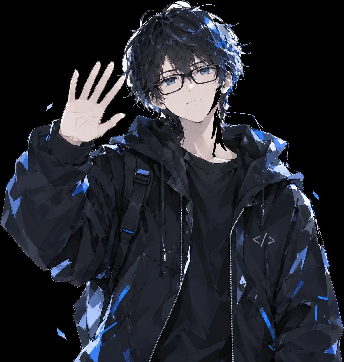 Anime-style character in a black techwear jacket, waving